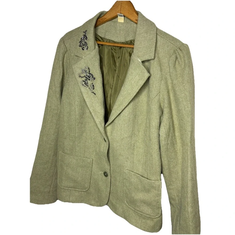 VTG Old Navy Womens Size XXL Beaded Herringbone Wool Blend Jacket Tweed Olive - Picture 6 of 10